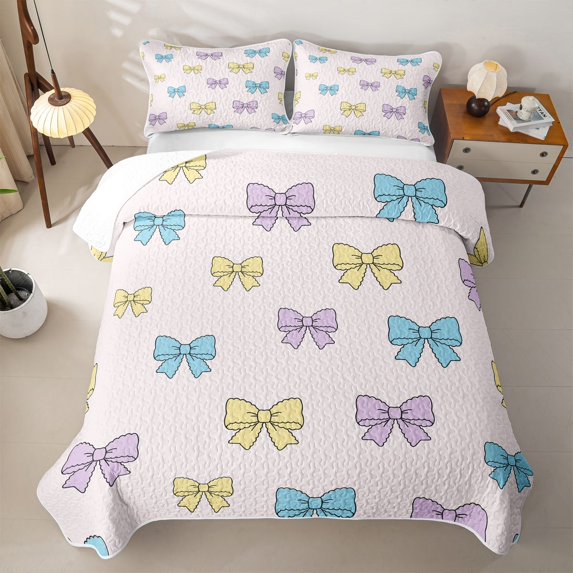 spefrowx Princess Bow Style Quilt Full for Girls Boys, Kawaii Bowknot Butterfly Full Bedspread Sets, 3 Pieces