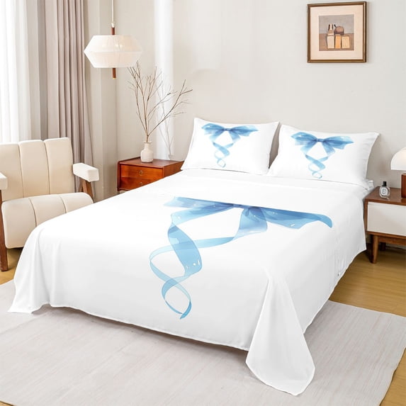 spefrowx Princess Bowknot King Sheets for Teens, Blue Watercolor Ribbon Art Bedding, 4pcs, 1 Flat Sheet, 1 Fitted Sheet and 2 Pillowcases