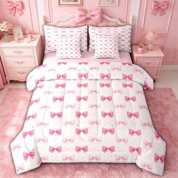 spefrowx Princess Pink Bow Twin Bedding for Kids, Kawaii Cartoon Dotted Bedding Comforter Set, Pink Reversible, 7-Piece