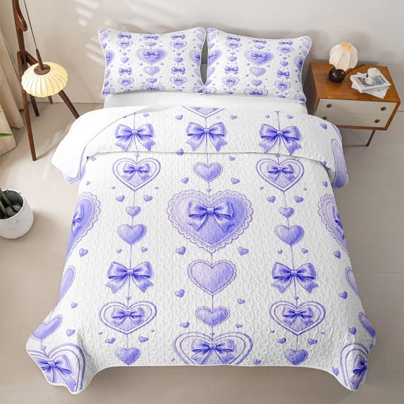 spefrowx Purple Cute Ribbon Quilt Full for Girls Boys, Love Heart Stripe Line Full Bedspread Sets, 3 Pieces