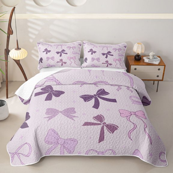 spefrowx Purple Line Bowknot Bed Spread Queen for Girls Boys, Kawaii Star Print Queen Coverlet Set, 3 Pieces