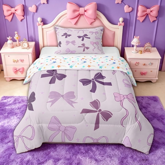 spefrowx Purple Line Bowknot Twin Comforter Sets for Kids, Kawaii Star Print Bedding Set, Stars Reversible, 2 Pieces, 1 Comforter and 1 Pillowcase