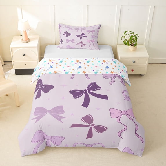 spefrowx Purple Line Bowknot Twin Duvet Cover for Kids, Kawaii Star Print Twin Bedding, Stars Reversible, 2 Pieces, 1 Duvet Cover and 1 Pillowcase