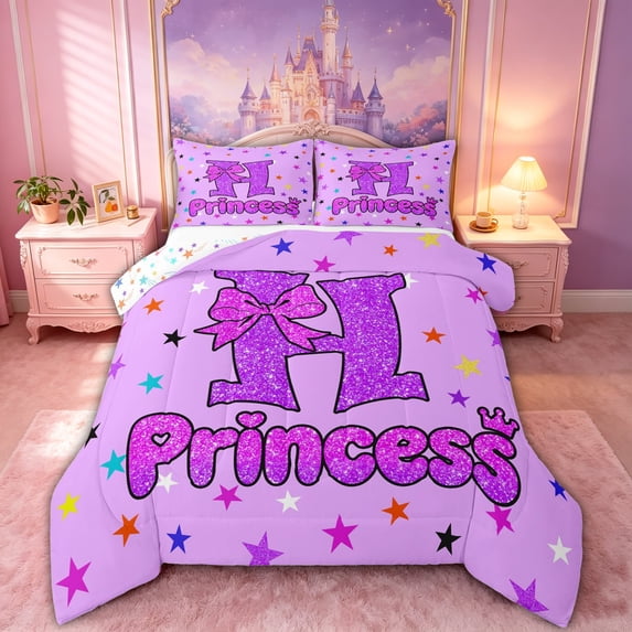 spefrowx Purple Monogrammed Queen Comforter Set for Teens, Dreamy Princess Stars Comforter Sets Queen, Stars Reversible, 3 Pieces, 1 Comforter and 2 Pillowcases