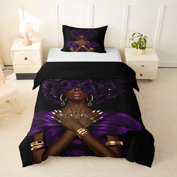 spefrowx Purple Rose Black Woman Twin Duvet Cover for Girl, Modern Fashion Style Twin Bedding, Black Reversible, 2-Piece, 1 Duvet Cover and 1 Pillowcase