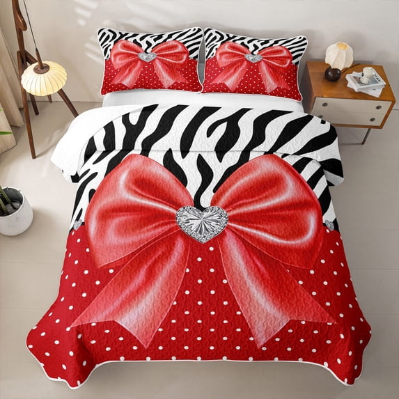 spefrowx Red Gem Princess Bow Bed Spread Queen for Girls, Zebra Polka Dot Print Queen Coverlet Set, 3-Piece