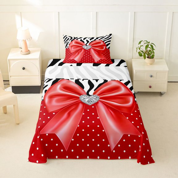 spefrowx Red Gem Princess Bow Twin Sheets for Girls, Zebra Polka Dot Print Bedding, 3-Piece, 1 Flat Sheet, 1 Fitted Sheet and 1 Pillowcase