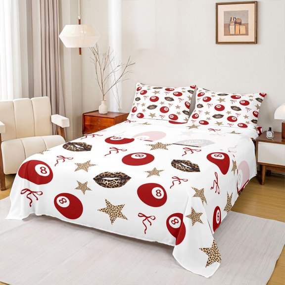 spefrowx Red Lucky 8 Billiard Bed Sheets for Girls, Cheetah Stars Print Full Size Sheets, 4-Piece, 1 Flat Sheet, 1 Fitted Sheet and 2 Pillowcases