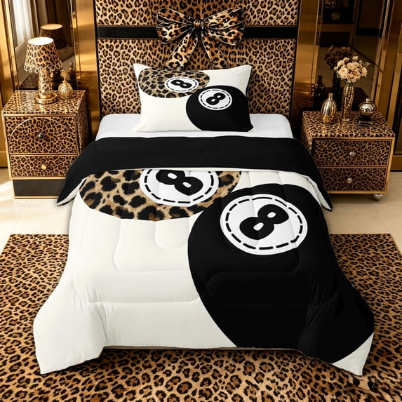 spefrowx Retro 8 Ball Leopard Print Twin Comforter Sets for Teens, Kawaii Brown Billiard Bedding Set, Black Reversible, 2pcs, 1 Comforter and 1 Pillowcase