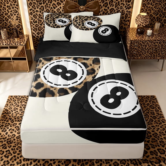 spefrowx Retro 8 Ball Leopard Print Zipper Full Size Comforter Sets with Fitted Sheet and 2 Pillowcases for Teens, Kawaii Brown Billiard Zipper Bedding Set, Black Reversible, 4pcs