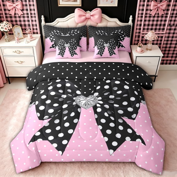 spefrowx Retro Polka Dot Bow Print Twin Bedding for Teens, Black Pink Gem Heart Bedding Comforter Set, Pink Reversible, 7 Pieces