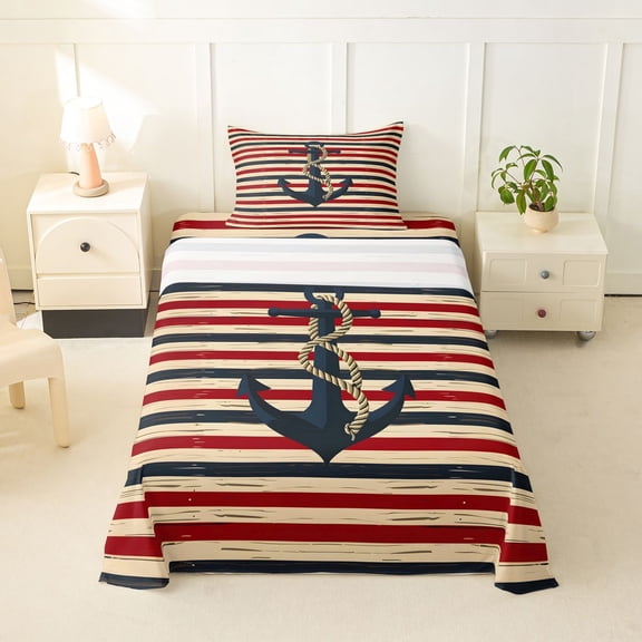 spefrowx Retro Striped Navy Anchor Twin Sheets for Kids, Marine Braided Cord Bedding, 3 Pieces, 1 Flat Sheet, 1 Fitted Sheet and 1 Pillowcase