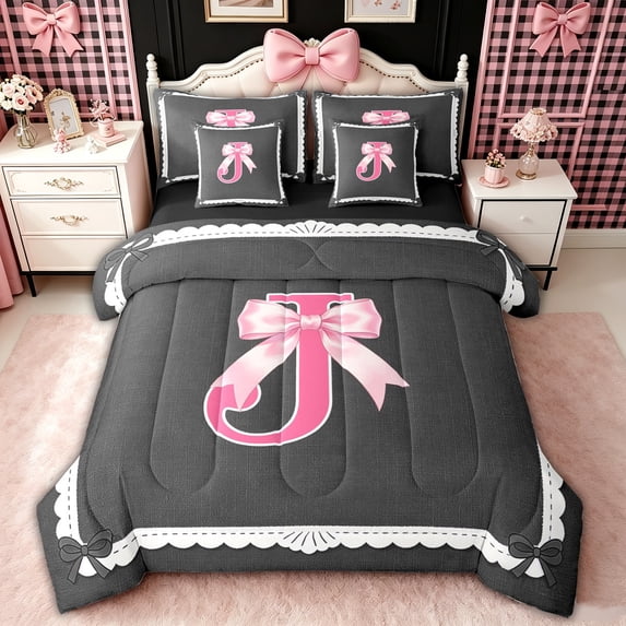 spefrowx Ribbon Letter J Bow King Bedding, Black Pink Cartoon Bowknot King Bed in a Bag, Black Reversible, 7-Piece