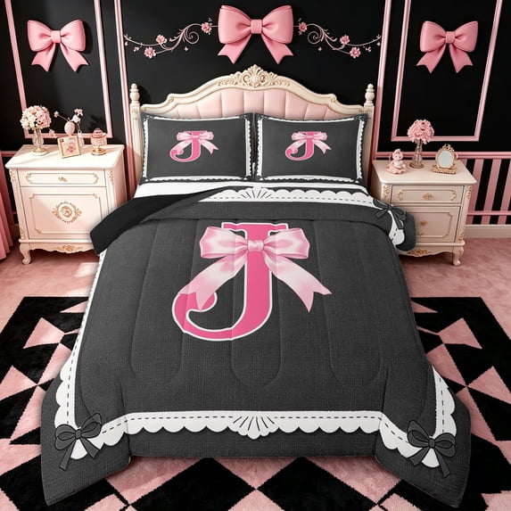 spefrowx Ribbon Letter J Bow Queen Comforter Set, Black Pink Cartoon Bowknot Comforter Sets Queen, Black Reversible, 3-Piece, 1 Comforter and 2 Pillowcases