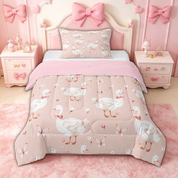 spefrowx Rustic Bowknot Goose Twin Comforter Sets, Pink Bow Butterfly Bedding Set, Pink Reversible, 2pcs, 1 Comforter and 1 Pillowcase