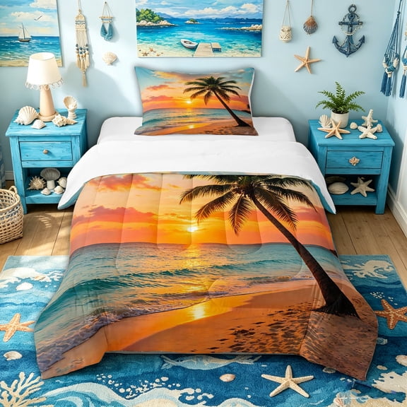 spefrowx Scenic Sunset Coconut Palm Twin Comforter Sets for Adults, Orange Gradient Shallow Shore Surf Bedding Set, 2pcs, 1 Comforter and 1 Pillowcase