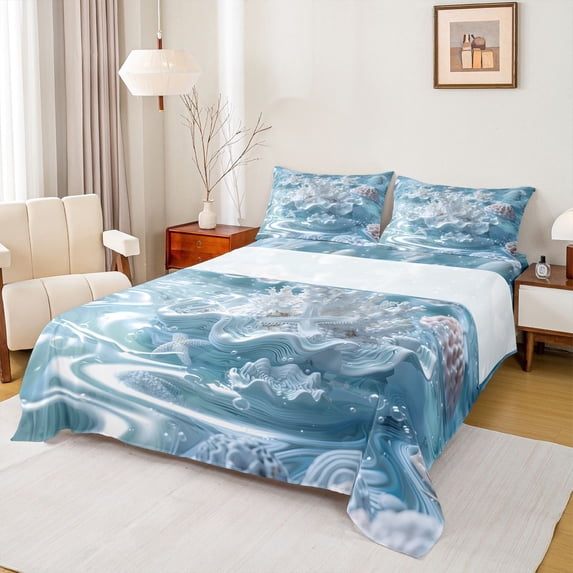 spefrowx Seashell Coral Queen Sheets for Kids, Swirl Textured Marble Starfish Queen Sheet Sets, 4pcs, 1 Flat Sheet, 1 Fitted Sheet and 2 Pillowcases