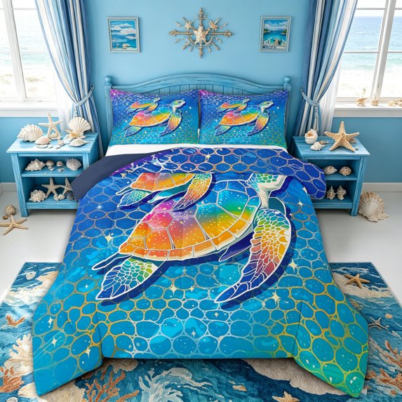 spefrowx Shiny Rainbow Turtle Full Size Comforter Sets for Adults, Blue Grid Ocean Bedding Comforter Set, Navy Reversible, 3pcs, 1 Comforter and 2 Pillowcases