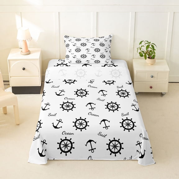 spefrowx Silhouette Black Ship Wheel Twin Sheets for Boys, White Print Anchor Ocean Bedding, 3pcs, 1 Flat Sheet, 1 Fitted Sheet and 1 Pillowcase