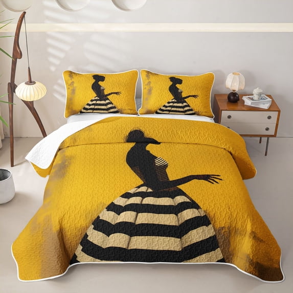 spefrowx Silhouette Black Woman Quilt Full for Girls Boys, Yellow Striped Dress Full Bedspread Sets, 3-Piece