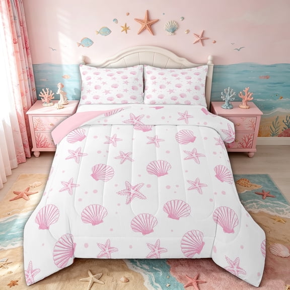 spefrowx Simple Line Shell Queen Comforter Set for Girls, Pink Dot Starfish Coastal Comforter Sets Queen, Pink Reversible, 3pcs, 1 Comforter and 2 Pillowcases