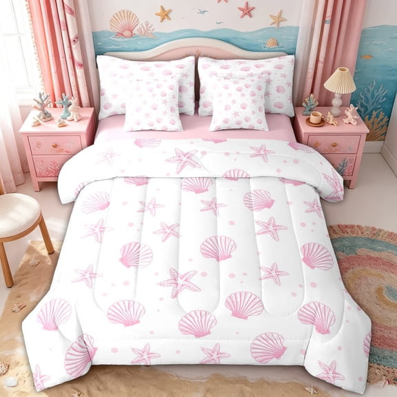 spefrowx Simple Line Shell Twin Bedding for Girls, Pink Dot Starfish Coastal Bedding Comforter Set, Pink Reversible, 7pcs