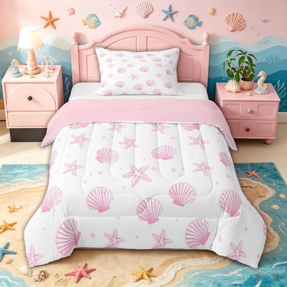 spefrowx Simple Line Shell Twin Comforter Sets for Girls, Pink Dot Starfish Coastal Bedding Set, Pink Reversible, 2pcs, 1 Comforter and 1 Pillowcase