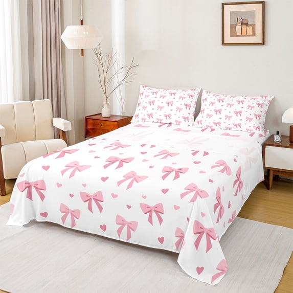 spefrowx Simple Pink Bow King Sheets for Girls, Cute Cartoon Love Heart Bedding, 4 Pieces, 1 Flat Sheet, 1 Fitted Sheet and 2 Pillowcases