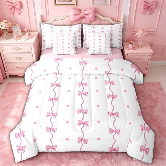 spefrowx Simple Pink Bow Queen Bedding for Kids, Stripes Polka Dot Bedding Comforter Set Queen, Pink Reversible, 7pcs