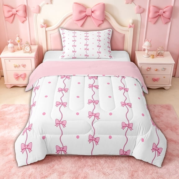 spefrowx Simple Pink Bow Twin Comforter Sets for Kids, Stripes Polka Dot Bedding Set, Pink Reversible, 2pcs, 1 Comforter and 1 Pillowcase