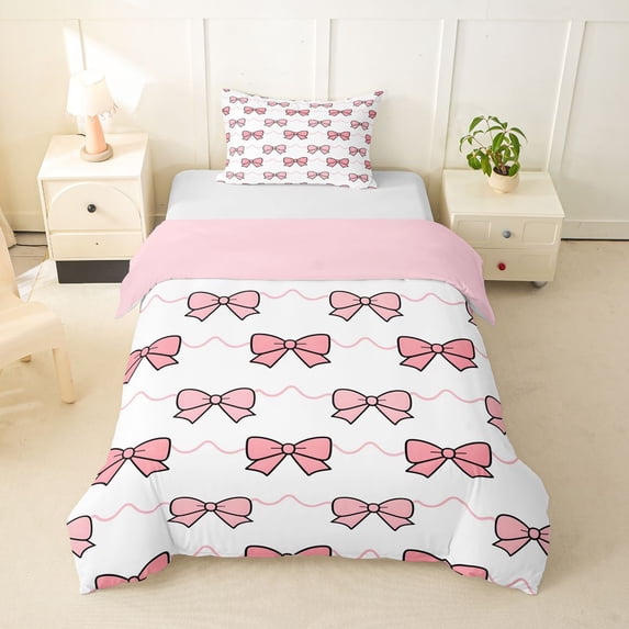 spefrowx Simple Pink Bow Twin Duvet Cover for Kids, Wavy Line Stripe Twin Bedding, Pink Reversible, 2pcs, 1 Duvet Cover and 1 Pillowcase