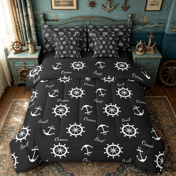 spefrowx Simple Silhouette Ship Wheel Queen Bedding for Kids, Anchor Sail Lettering Bedding Comforter Set Queen, Black Reversible, 7-Piece