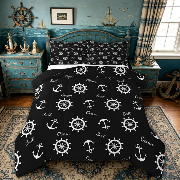 spefrowx Simple Silhouette Ship Wheel Queen Comforter Set for Kids, Anchor Sail Lettering Comforter Sets Queen, Black Reversible, 3-Piece, 1 Comforter and 2 Pillowcases