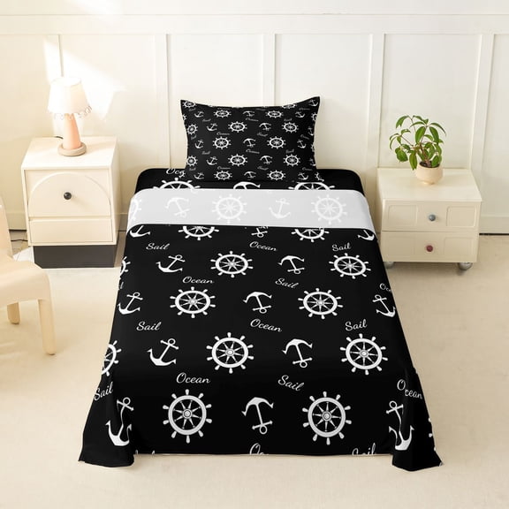spefrowx Simple Silhouette Ship Wheel Twin Sheets for Kids, Anchor Sail Lettering Bedding, 3-Piece, 1 Flat Sheet, 1 Fitted Sheet and 1 Pillowcase