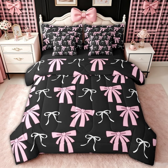 spefrowx Simple Stripes Bow Full Size Bedding Sets for Kids, Pink Black Ribbon Full Size Bed in a Bag, Black Reversible, 7pcs