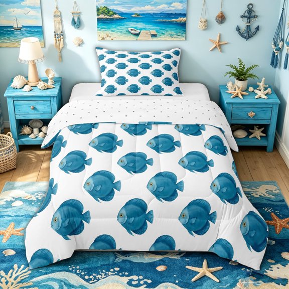 spefrowx Simple Watercolor Round Discus Fish Twin Comforter Sets for Kids, Blue Tropical Sealife Bedding Set, Reversible, 2 Pieces, 1 Comforter and 1 Pillowcase