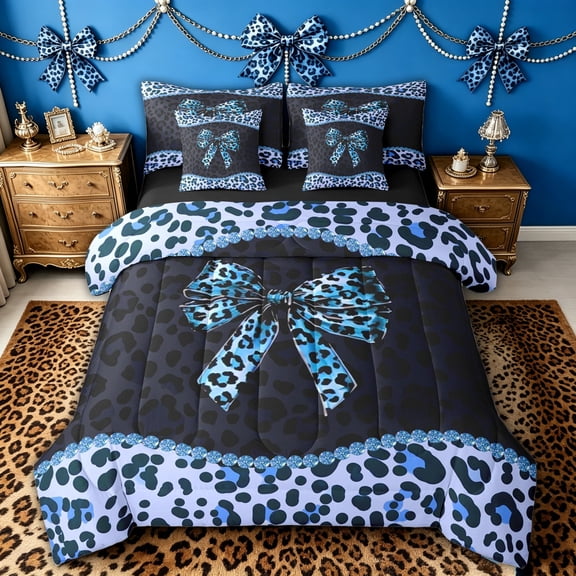 spefrowx Sparkle Cheetah Print Bow Twin Bedding for Women, Blue Black Rhinestone Bedding Comforter Set, Black Reversible, 7-Piece