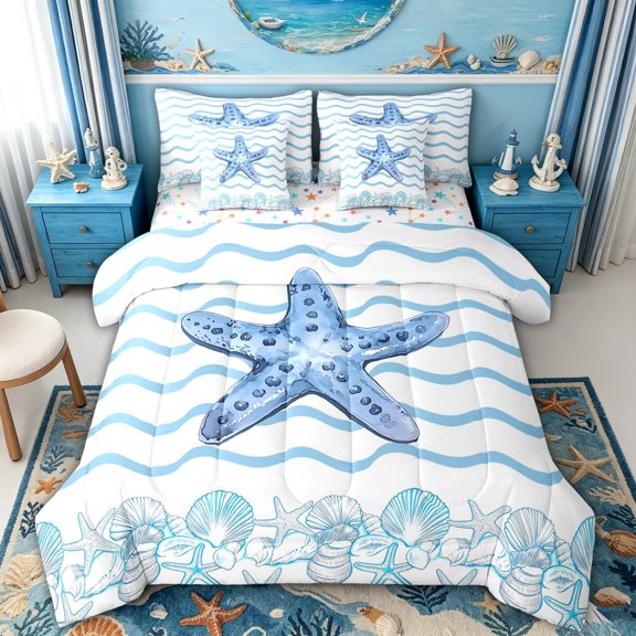 spefrowx Spotted Starfish Seashell Twin Bedding for Kids, Blue Striped Wave Bedding Comforter Set, Stars Reversible, 7 Pieces