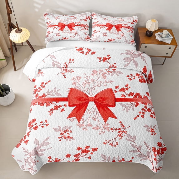 spefrowx Spring Floral Red Bow Bed Spread Queen for Girls Boys, Flower Botanical Queen Coverlet Set, 3 Pieces