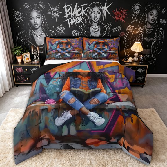 spefrowx Street Graffiti Teen Reader Queen Comforter Set for Kids, Orange Urban Wall Comforter Sets Queen, Black Reversible, 3 Pieces, 1 Comforter and 2 Pillowcases