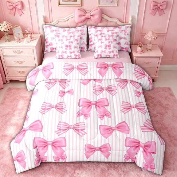 spefrowx Striped Pink Bow Full Size Bedding Sets for Kids, Pink Cartoon Ribbon Full Size Bed in a Bag, Pink Reversible, 7pcs