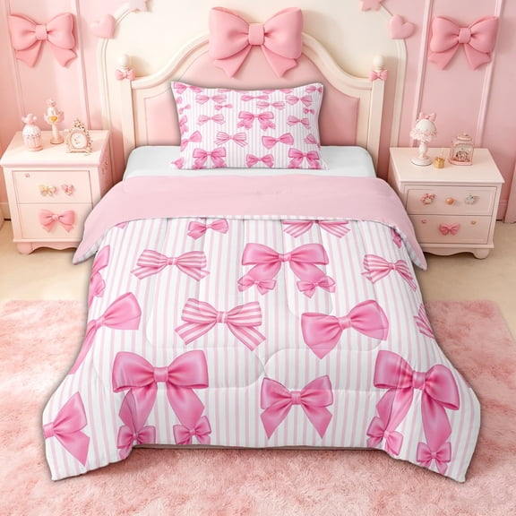 spefrowx Striped Pink Bow Twin Comforter Sets for Kids, Pink Cartoon Ribbon Bedding Set, Pink Reversible, 2pcs, 1 Comforter and 1 Pillowcase