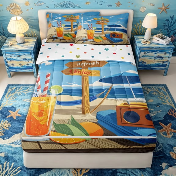 spefrowx Summer Beach Sign Zipper Full Size Comforter Sets with Fitted Sheet and 2 Pillowcases for Kids, Vacation Radio Tropical Zipper Bedding Set, Polka Dot Reversible, 4-Piece