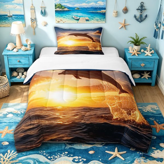 spefrowx Sunset Dolphin Twin Comforter Sets for Women Men, Golden Splash Ocean Bedding Set, 2-Piece, 1 Comforter and 1 Pillowcase