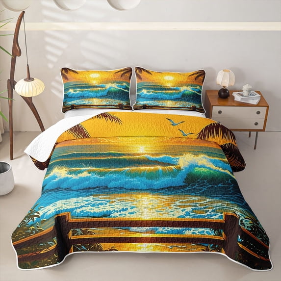 spefrowx Tropic Sunset Wave Quilt King for Girls Boys, Golden Palm Seagull Coast King Coverlet Set, 3 Pieces