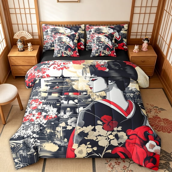 spefrowx Ukiyo-e Vintage Geisha Full Size Bedding Sets for Adults, Japanese Classic Blossom Floral Full Size Bed in a Bag, Black Reversible, 7 Pieces