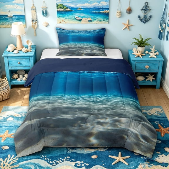 spefrowx Underwater Sand Twin Comforter Sets for Kids, Sunlit Wave Water Bedding Set, Navy Reversible, 2-Piece, 1 Comforter and 1 Pillowcase