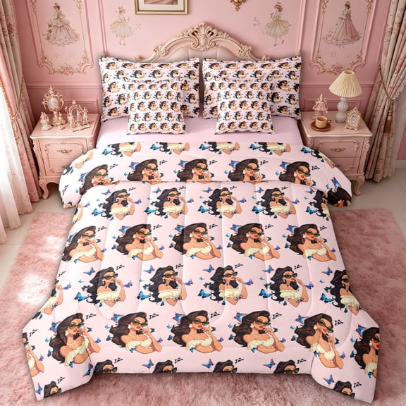 spefrowx Vibrant Pop Art Princess Twin Bedding for Kids Girl, Blush Retro Butterfly Bedding Comforter Set, Pink Reversible, 7-Piece