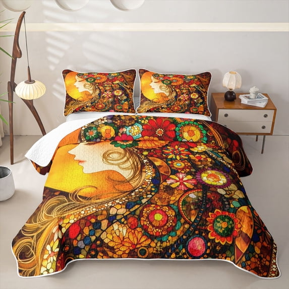 spefrowx Vintage Girl Princess Bed Spread Queen for Women, Paisley Boho Folk Flower Queen Coverlet Set, 3pcs