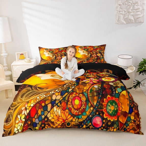 spefrowx Vintage Girl Princess Bedding for Women, Paisley Boho Folk Flower Duvet Cover Full, Black Reversible, 3pcs, 1 Duvet Cover and 2 Pillowcases